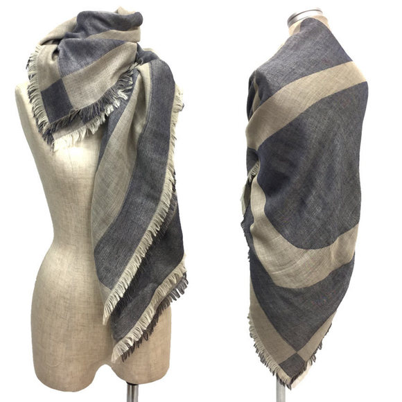 LOUIS VUITTON stole shawl cashmere wool silk light gray x navy men's women's - Picture 2 of 3